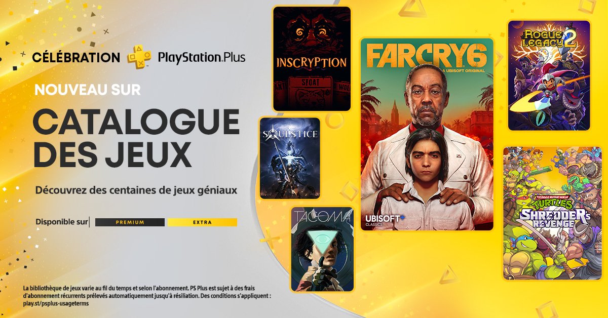 PSNowFr's tweet photo. Bonjour à tous, 

Retrouvez dès le mardi 20 juin, les jeux suivants dans votre abonnement #PlayStationPlus :

#FarCry6
#RogueLegacy2
#TeenageMutantNinjaTurtles : Shredder’s revenge
#Inscryption
#Soulstice
#Tacoma
#DeuxEx : Mankind Divided
#KillingFloor2

#PS4 #PS5 #PlayStation https://t.co/KxnQQ87Nxu