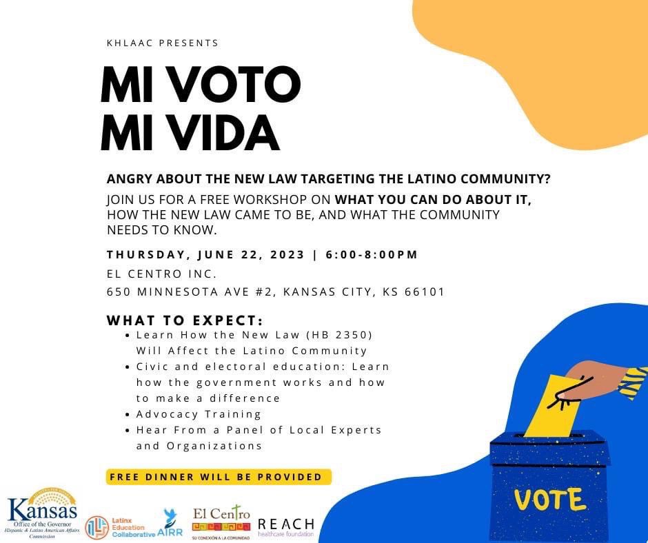 Latinos are essential to Kansas’ economy and deserve to understand how laws affect our livelihoods. To learn about the new law aimed at the Latino Community (HB2350) join us with a free workshop on June 22nd!