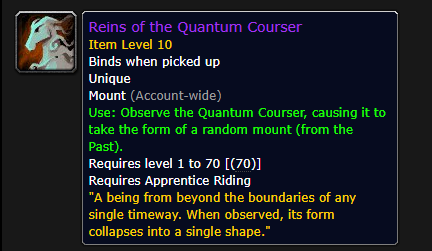 Wowhead's tweet photo. Today, @MrGMYT has reported that the new Reins of the Quantum Courser mount drops from the megadungeon, Dawn of the Infinite. This mount transforms into another mount from the past and allows you to learn it!

#Dragonflight #Warcraft 

https://t.co/UFxaozTx68 https://t.co/ihKIcxVcsB