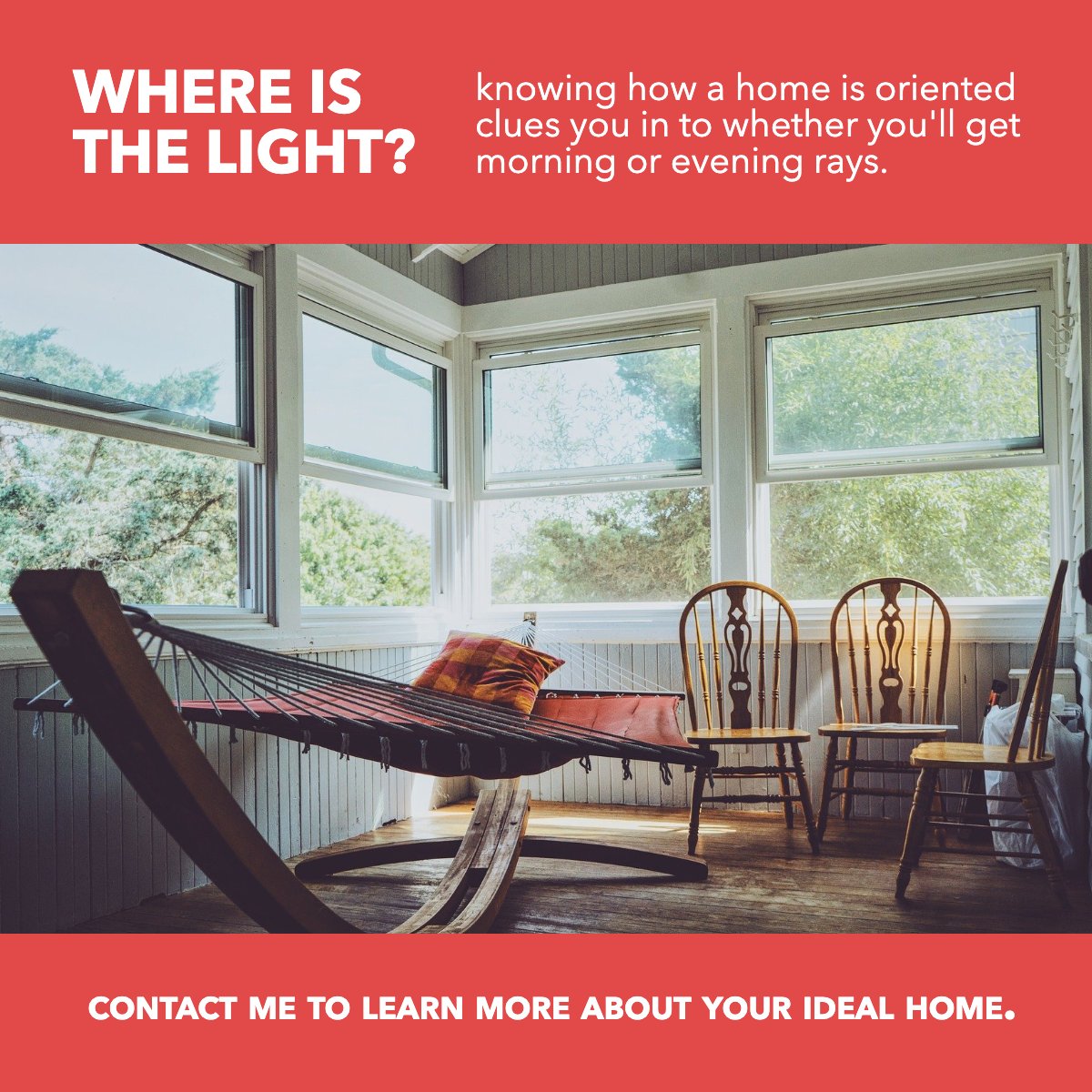 Where is the light? 🤔

Knowing how a home is oriented, clues you in to whether you'll get morning or evening rays. ☀️

#sunlight   #housegoals   #morninglight   #eveninglight
#realestate #realtor #niagara #oakville #halton #stcatharines