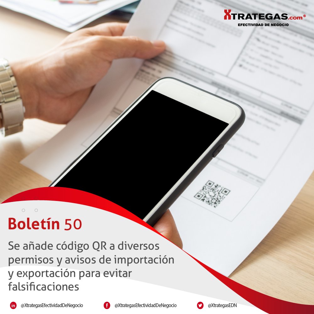 #BoletinInformativo 📕

Implementación de QR a diferentes modalidades. 📄✈️

📌Para saber más... xtrategas.com/boletin-inform…

#xtrategas #importaciones #exportaciones #VUCEM #secretariadeeconomia #comercioexterior #prorroga