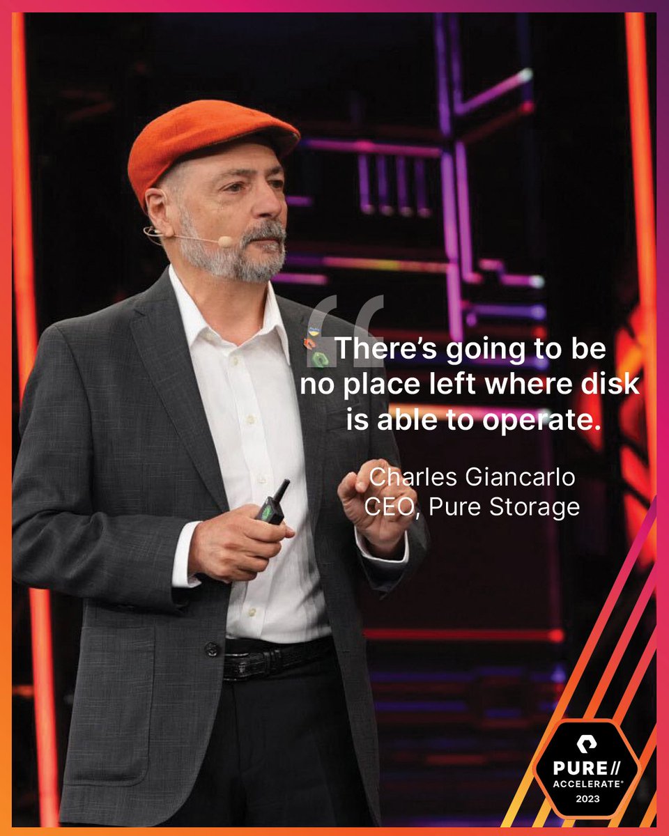 'Disk is at the end of its day. There’s going to be no place left where disk is able to operate.' Pure Storage CEO, Charles Giancarlo, shared this morning at Pure//Accelerate 2023 how where we're headed, we won't need disk. purefla.sh/3NuuadP

#PureAccelerate #PureStorage