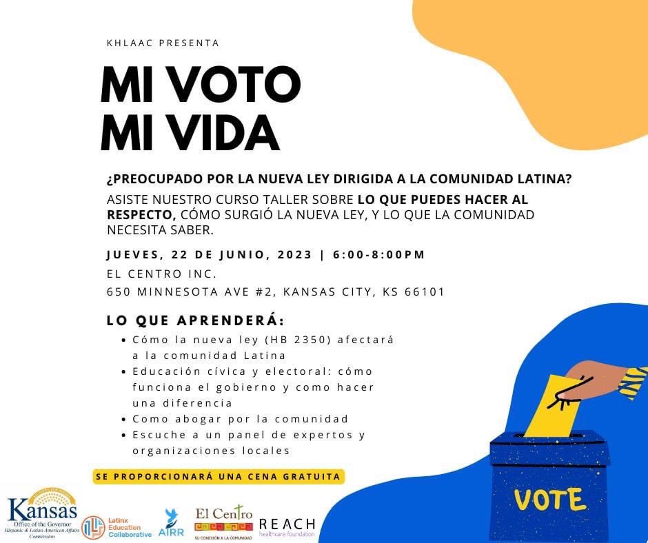 Los latinos son esenciales para la economía de Kansas y merecen entender cómo las leyes afectan nuestros medios de vida. ¡Para aprender sobre la nueva ley dirigida a la comunidad latina (HB2350) únase a nosotros con un taller gratuito el 22 de junio!