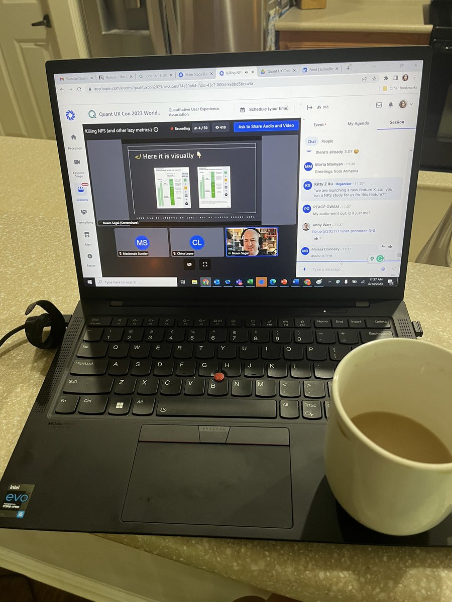 Settling into #QuantCon2023 with coffee &amp; <a href="/noamseg/">Noam Segal</a>’s session: “Killing NPS and Other Lazy Metrics”. Great conference for academics pivoting into UX / industry!