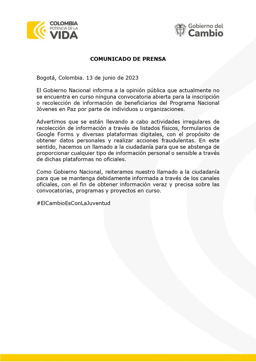 🔴 #ComunicadoDePrensa | El Gobierno Nacional informa que en este momento 𝗻𝗼 𝗵𝗮𝘆 una convocatoria abierta para el 𝗣𝗿𝗼𝗴𝗿𝗮𝗺𝗮 𝗡𝗮𝗰𝗶𝗼𝗻𝗮𝗹 𝗝𝗼́𝘃𝗲𝗻𝗲𝘀 𝗲𝗻 𝗣𝗮𝘇