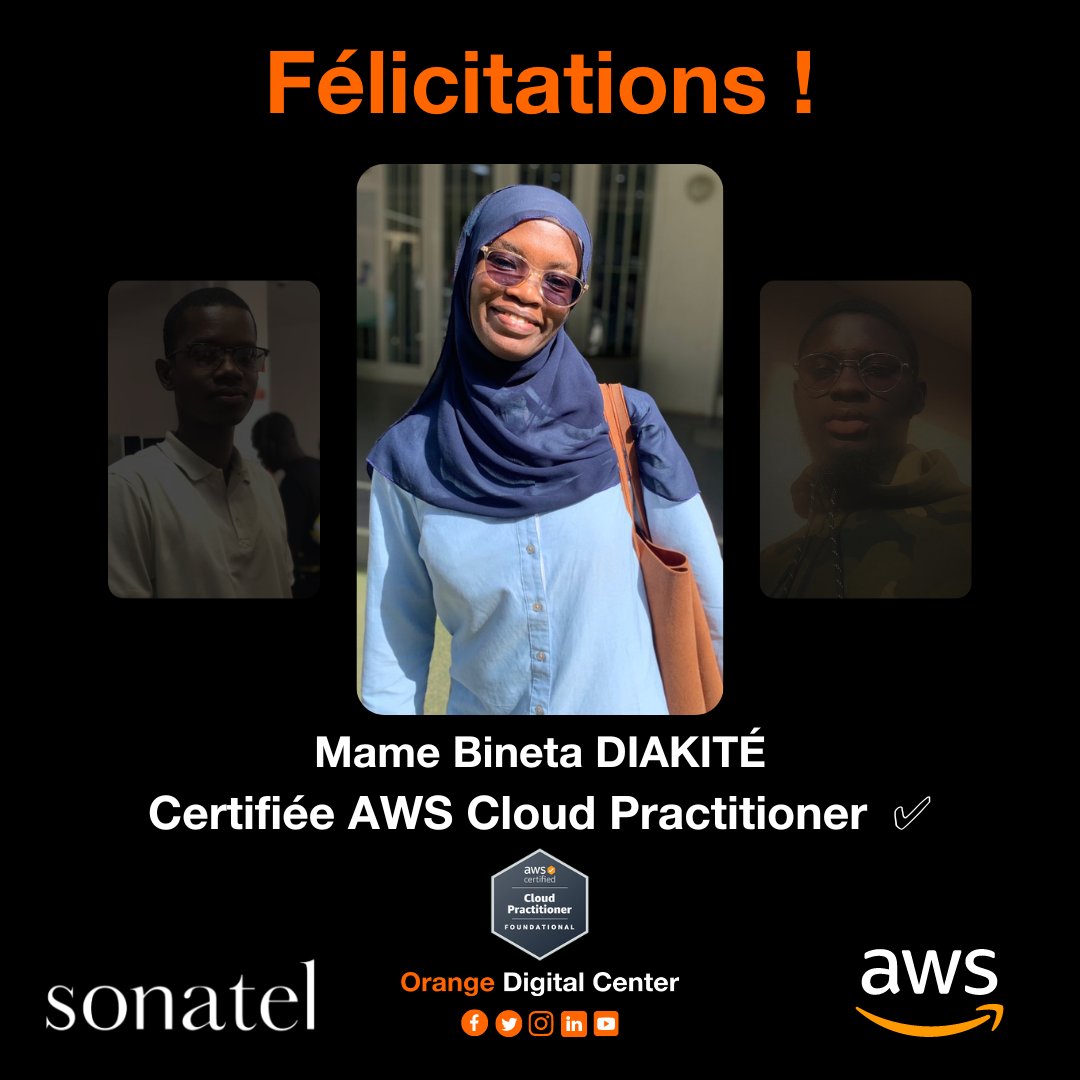 ODCSenegal's tweet photo. Félicitations à Mame Bineta Diakité qui a a réussi avec brio l'examen de certification Amazon Web Services (AWS).
🎉👏🌟

#AWS #CertificationAWS #cloud #amazon https://t.co/GU1QlPRYEv