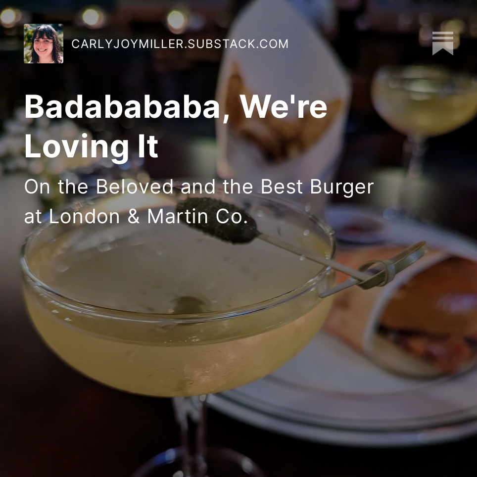 In my latest essay for The Food Plot, I wrote about where you can get the best burger in NYC and McDonald's nostalgia. This one's dedicated to my beloved for his birthday (and no, my beloved isn't Grimace, although he's pretty great)! Read it here: open.substack.com/pub/carlyjoymi…