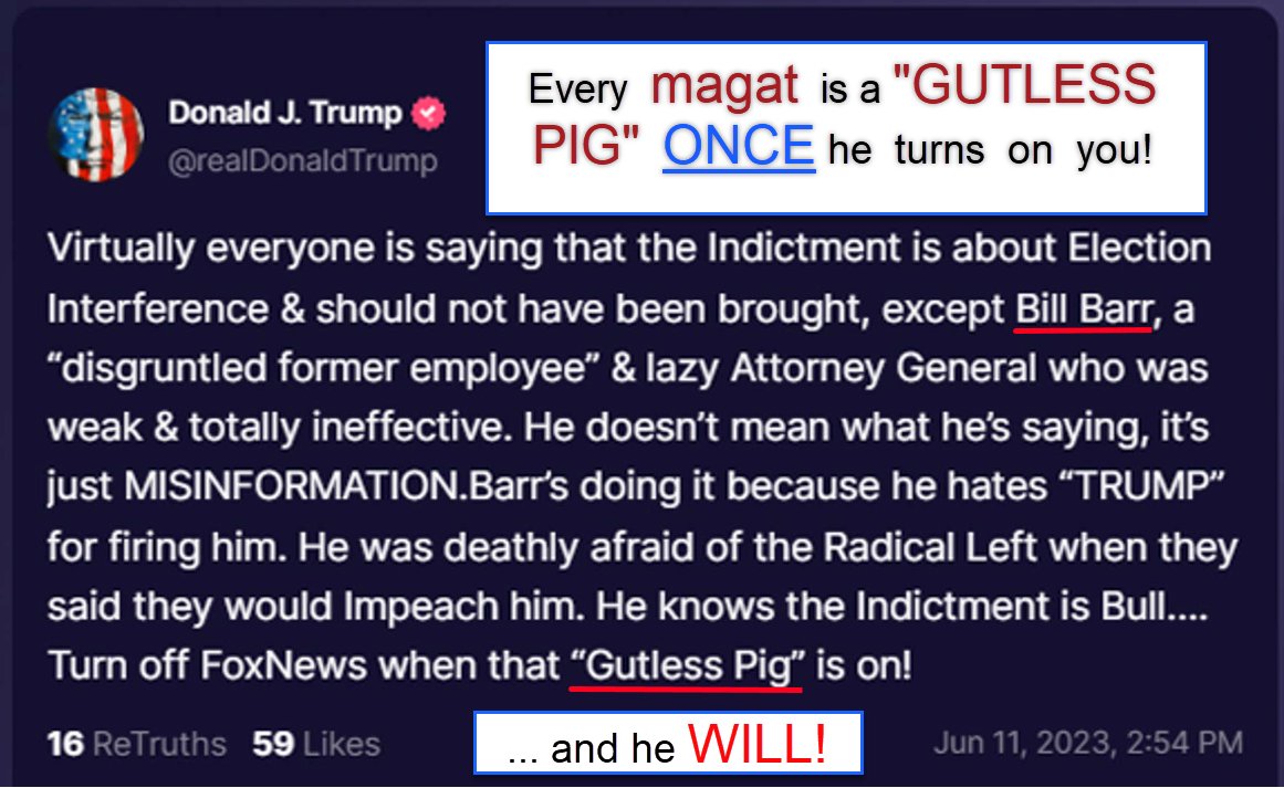 charlieGGongit's tweet photo. Listen up #MAGangsters (@RepMattGaetz @RepBoebert @Jim_Jordan @RepGosar @RepSantosNY03 @SpeakerMcCarthy), with the #MAGABoss LOYALTY only flows one way.
Believe me, you are just another (some type of) "PIG" or "DAWG".
Great time to leave the delusional #MAGAsphere.!? https://t.co/r2HsQ6QOb8