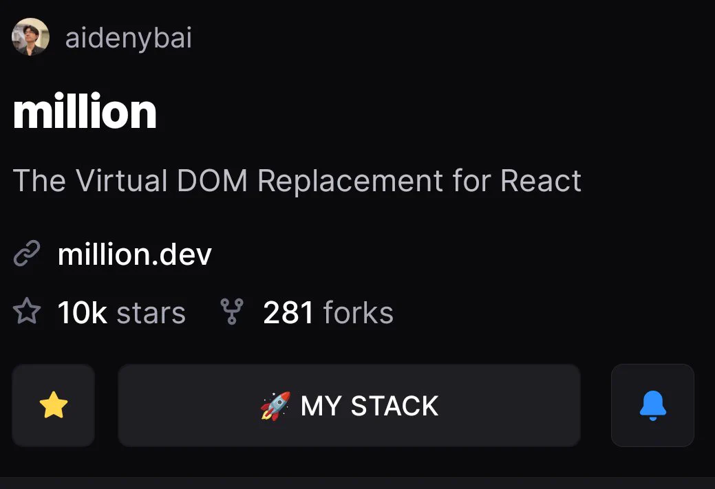 Screenshot showing the display page of the Million.js project where the 10k stars shows on there.