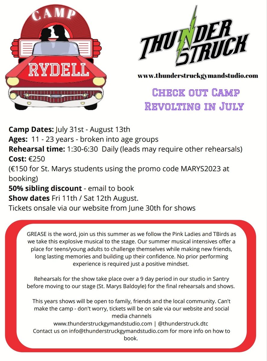 Thunderstruck Gym & Studio are hosting two theatre camps this summer - Matilda and Grease

Camp Revolting (Matilda) will perform on a studio built stage and Camp Rydell (Grease) will be performed in St. Mary's

Details
Amy - TY musical producer
info@thunderstruckgymandstudio.com