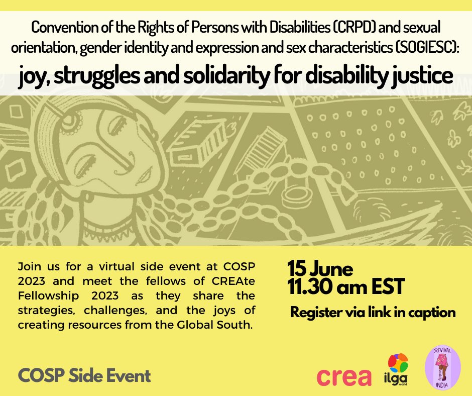 Join us at #CoSP16 for a virtual side event tomorrow, 15 June at 11.30 am EST. The event will be led by the fellows of CREA's recent CREAte Fellowship who will share their work & joys and struggles of working on #DisabilityJustice!

Register here: buff.ly/3Pv2B5F