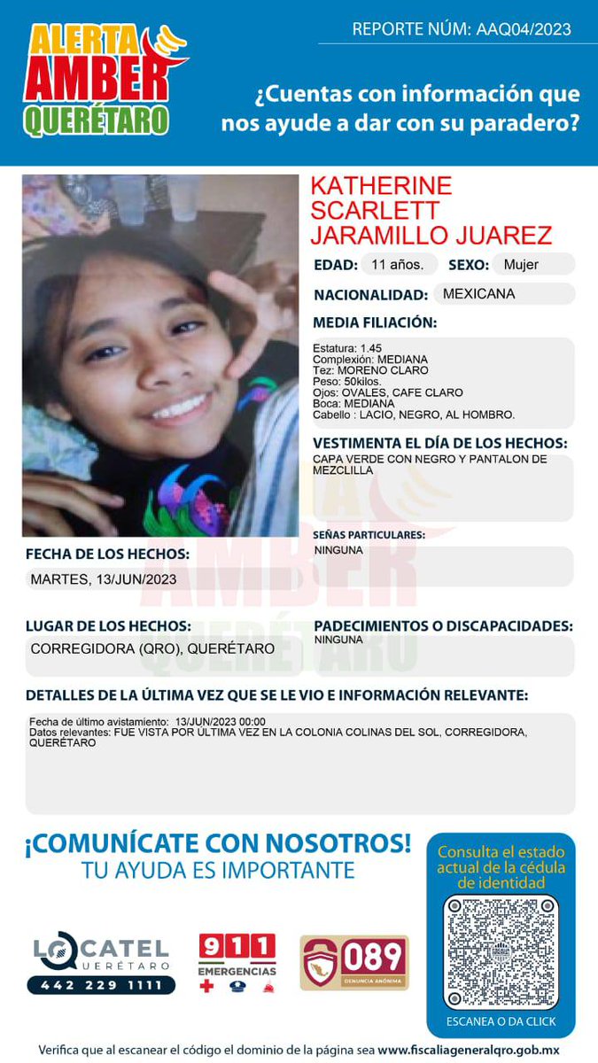 noticiasdeqro's tweet photo. #AlertaAMBER | Solicitamos su colaboración para la localización de Katherine Scarlett Jaramillo Juárez. 

 ¿Cuentas con información que nos ayude para dar con su paradero? Comunícate a Locatel al 442 229 1111

#NOTICIASDEQUERETARO https://t.co/Wn0MpRy5ej
