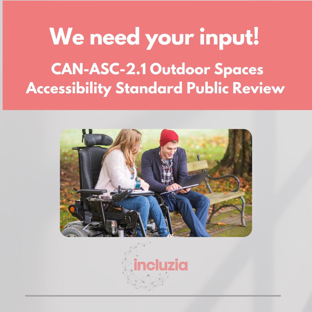 Public review is now open!

Incluzia's Marnie Courage sits on the technical committee of this standard representing <a href="/CAOT_ACE/">CAOT_ACE</a>
 
Provide your feedback: accessible.canada.ca/can-asc-2-1

#accessibility #AccessibilityStandards #inclusion  #Incluzia #AccessibleOutdoorSpaces #AccessibleCanada