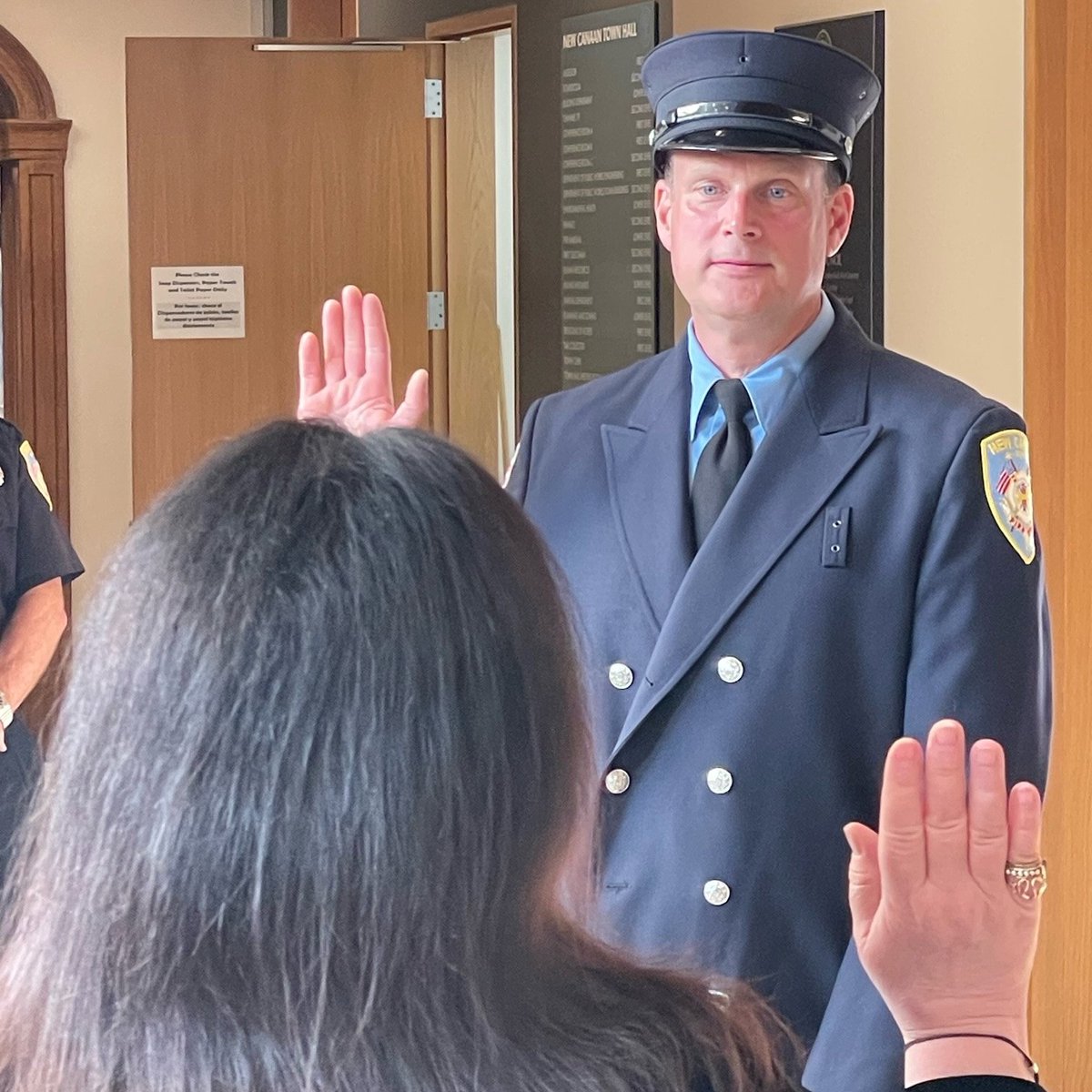NCFDCT's tweet photo. Congratulations for Lt Doane on his promotion and FF Cantrell on being sworn in as a career firefighter. #newcanaan https://t.co/93bYT7P3tc