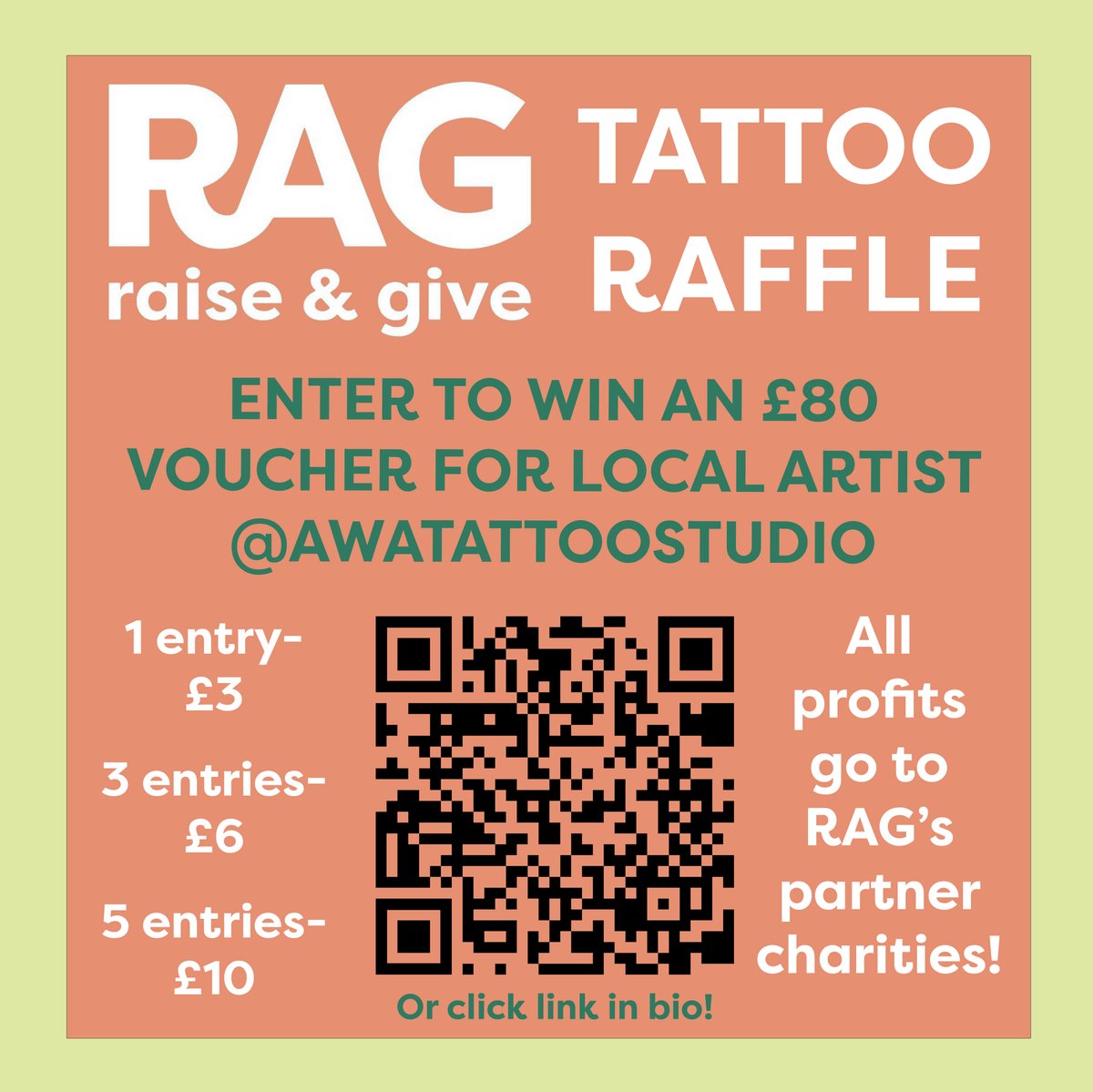 LeedsUniRAG's tweet photo. Want to win an £80 voucher for a tattoo with Leeds artist Adam West, owner of AWA Tattoo Studio? Donate to our charity raffle! Scan the QR code or click the link in our bio!

Winners announced on socials... soon!

https://t.co/dNojLrMq3s https://t.co/iJ27rBW4Ah