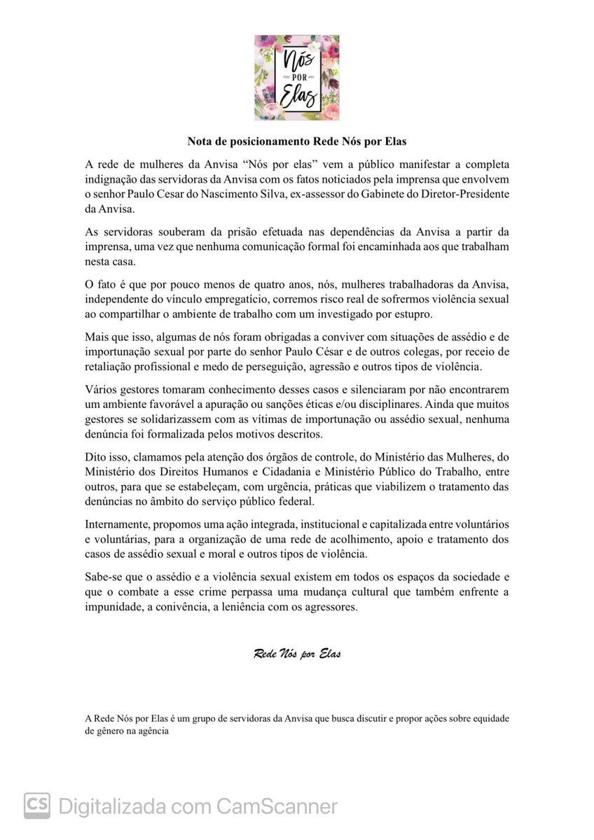 MulheresAnvisa's tweet photo. A rede de mulheres da Anvisa “Nós por elas” vem a público manifestar a completa indignação das servidoras da Anvisa com os fatos noticiados pela imprensa que envolvem o senhor Paulo Cesar do Nascimento Silva, ex-assessor do Gabinete do Diretor-Presidente da Anvisa.
VER NOTA: https://t.co/JP12Ljt3OT