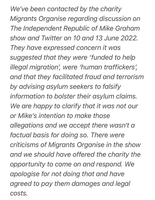 Apparently Concrete grower Mike Graham
@iromg
is so unhappy about people retweeting his apology to Migrants Organise, highlighting the substantial damages Talk TV have had to pay after he accused them of being human traffickers, that he's blocking people who share it. Be a shame
