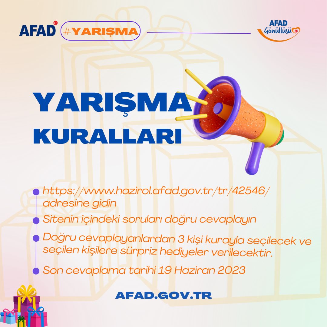 AFAD_gonullu's tweet photo. ➡ https://t.co/3pDYnZJQzt adresine gidin
✅ Sitenin içindeki soruları doğru cevaplayın
🎁 Doğru cevaplayanlardan 3 kişi kurayla seçilecek ve seçilen kişilere sürpriz hediyeler verilecektir.
🏃 Son cevaplama tarihi 19 Haziran 2023 🏃‍♀

#yarışma #yarışmavar #AFAD

@AFADBaskanlik https://t.co/xMCTmoTZnX