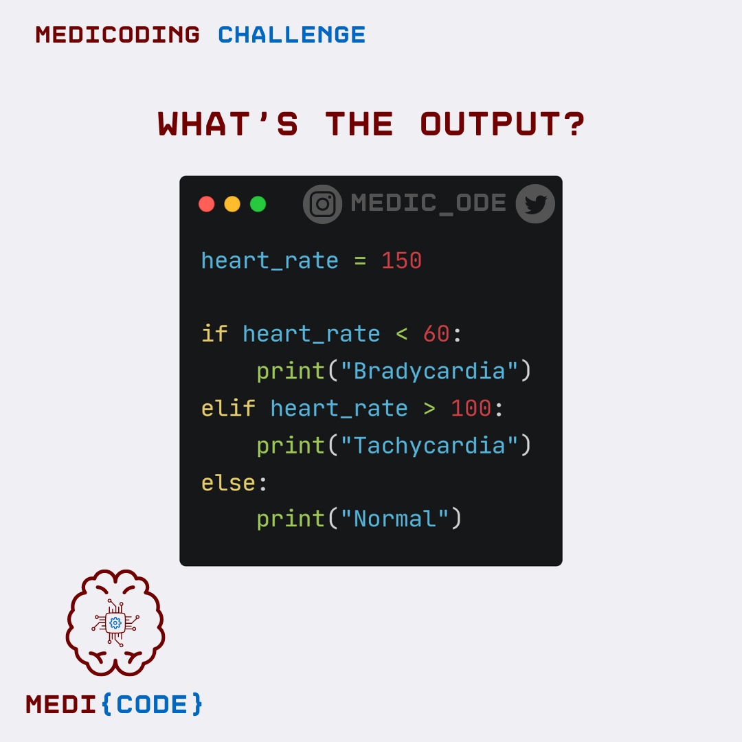 medic_ode's tweet photo. What's the output? 🤔 Comment below!

1. Bradycardia
2. 158
3. Tachycardia
4. Normal

📆 Cohort 3: 3rd - 14th July 2023. Tickets are out now!

#python #medtech #nhs https://t.co/6DvkWK5nCw