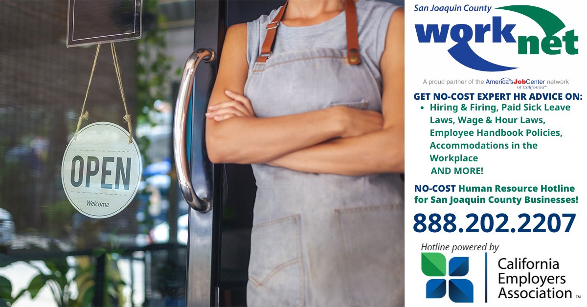 sjcworknet's tweet photo. San Joaquin County provides a FREE human resource hotline for all businesses and employers. All HR questions answered, full confidentiality, and connects to a real live person! Spanish support also available.

#caemployers #cahrhotline #humanresources #hiring #firing #psfl #wages https://t.co/fDaKRiPdYz