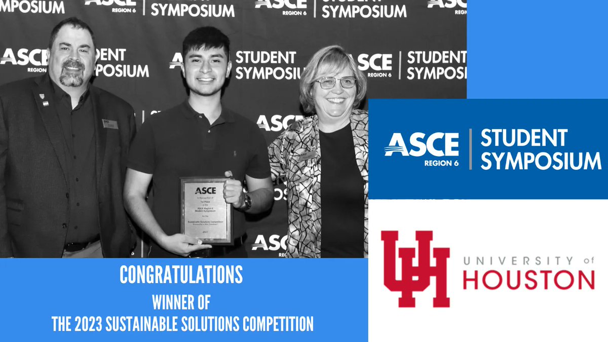 TEXASCEtweets's tweet photo. Join #TexASCE in congratulating the ASCE Region 6 Student Symposium 2023 Winner of the Sustainable Solutions Competition, University of Houston. @UHouston
#R6ASCE23 #ASCE #ASCEYM https://t.co/d1OiL1IqT1