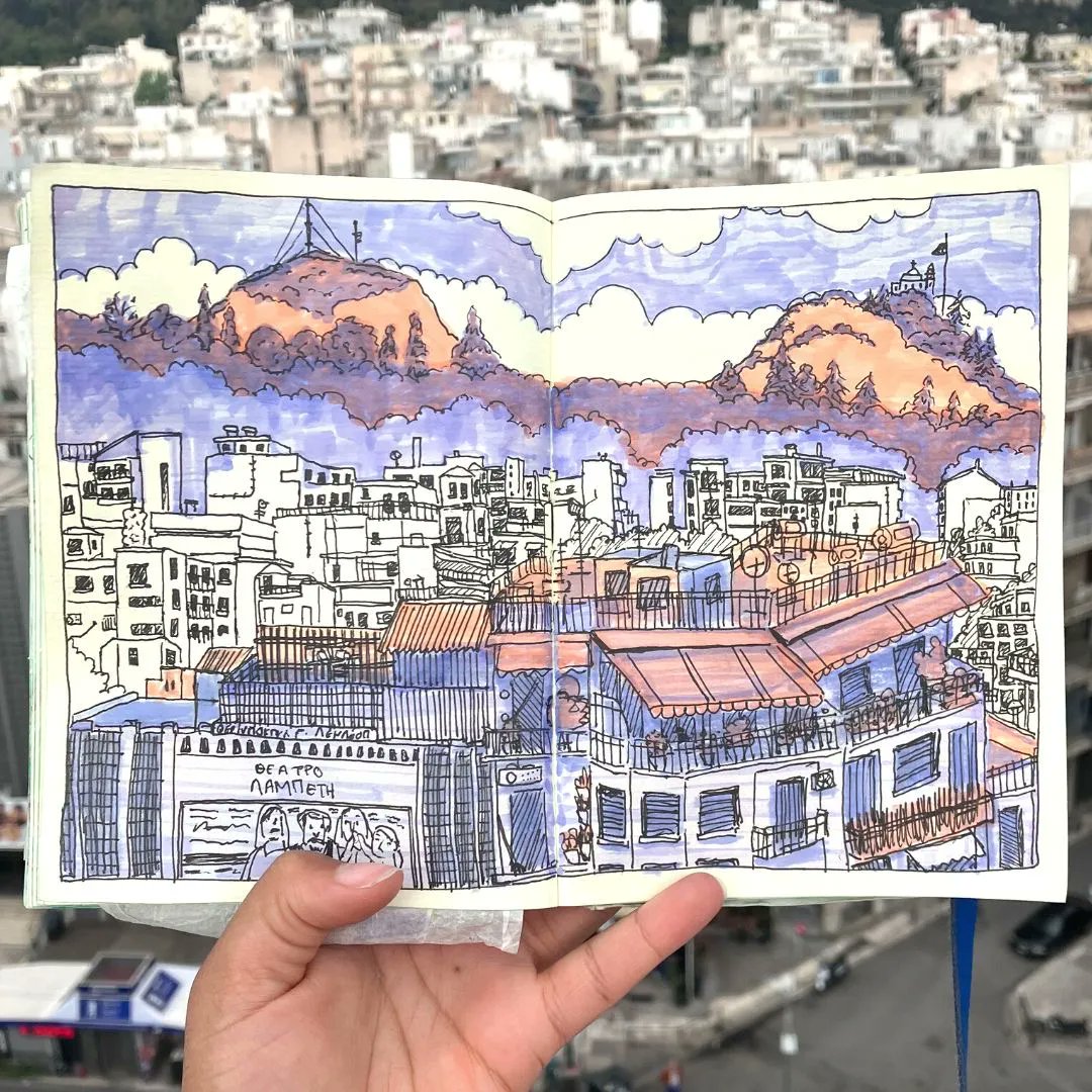 NikitaLeannee's tweet photo. 🇬🇷  GREECE TRAVEL SKETCHBOOK! DAY 3: This is probably the busiest view I've drawn before.. using a limited colour palette definitely made it less overwhelming as I was able to block out areas better

#3materialsdrawingchallenge #walktosee  #sketchbookpractise https://t.co/qlu6HYhVnm