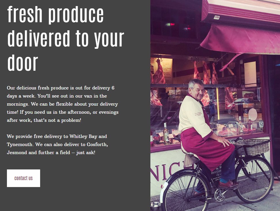 We provide free delivery to Whitley Bay and Tynemouth. We can also deliver to Gosforth, Jesmond and further a field - just ask! ow.ly/cnw230ruyXl #nefollowers #butchers #bakers