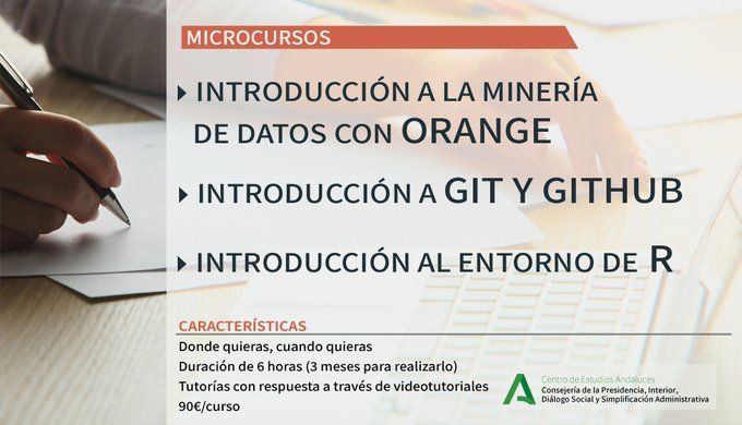 CEAndaluces's tweet photo. La inscripción a nuestros #microcursos está abierto en la web 

✅ Introducción a la minería de datos con ORANGE 
✅ Introducción a Git y Github
✅ Introducción al entorno de R

💻6 horas de formación teórica y práctica tutorizada
https://t.co/DPeZuH9wnv 
#FormaciónCENTRA https://t.co/3Dp4t3q51Z