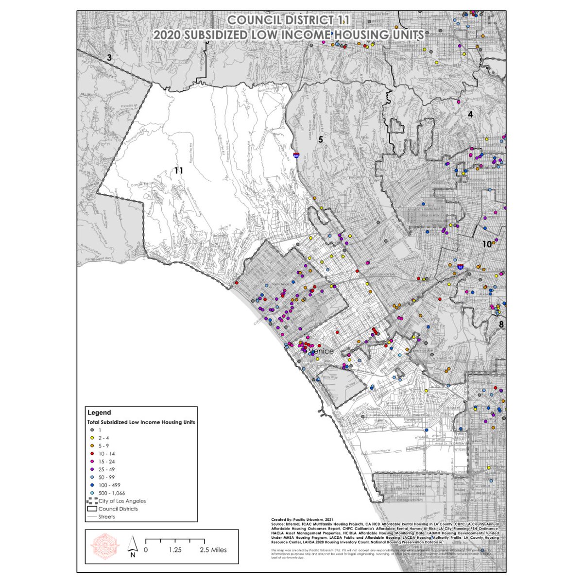 In 2021, Pacific Urbanism located more than 100k affordable housing units in the City of LA. Amongst the CPAs of CD 11, Venice reported the highest density at 3.3 units per 100 people while Brentwood-Pacific Palisades provides 0.0 units per 100 people, the lowest in all of LA.