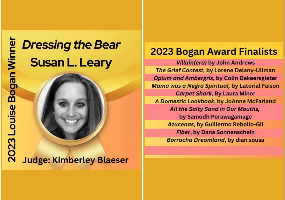 I can’t believe I get to say my manuscript, Dressing the Bear, is the WINNER of the 2023 Louise Bogan Award with Trio House Press! Heartfelt thanks to Kimberly Blaeser &amp; the <a href="/triohousepress/">Trio House Press</a> team—&amp; to my brother, for whom these poems are dedicated. I can’t wait to share them!