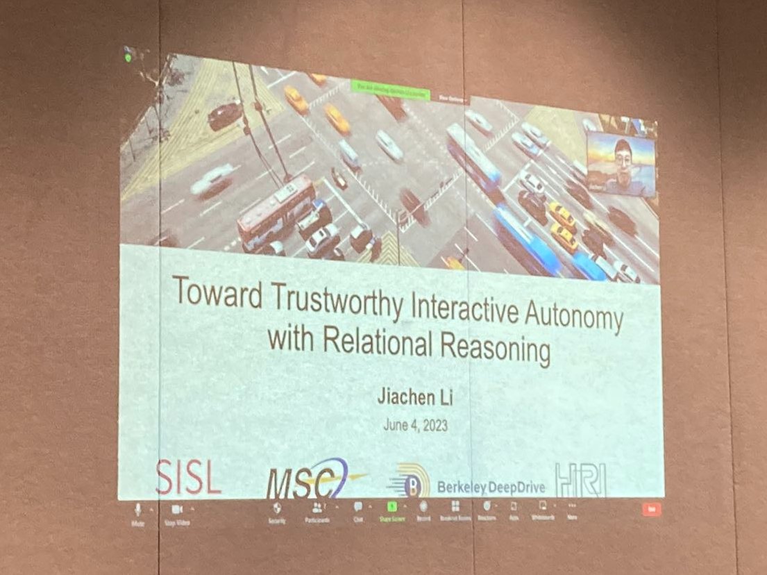 JiachenLi8's tweet photo. Very excited to give an invited talk titled “Toward Trustworthy Interactive Autonomy with Relational Reasoning” at the #IEEEIV2023 Workshop on Social, interactive, and Safe Behaviors for AVs: Benchmarks, Models, and Applications!
@IV_IEEE @itssieee #intelligentvehicles https://t.co/m6jCRnDVkT