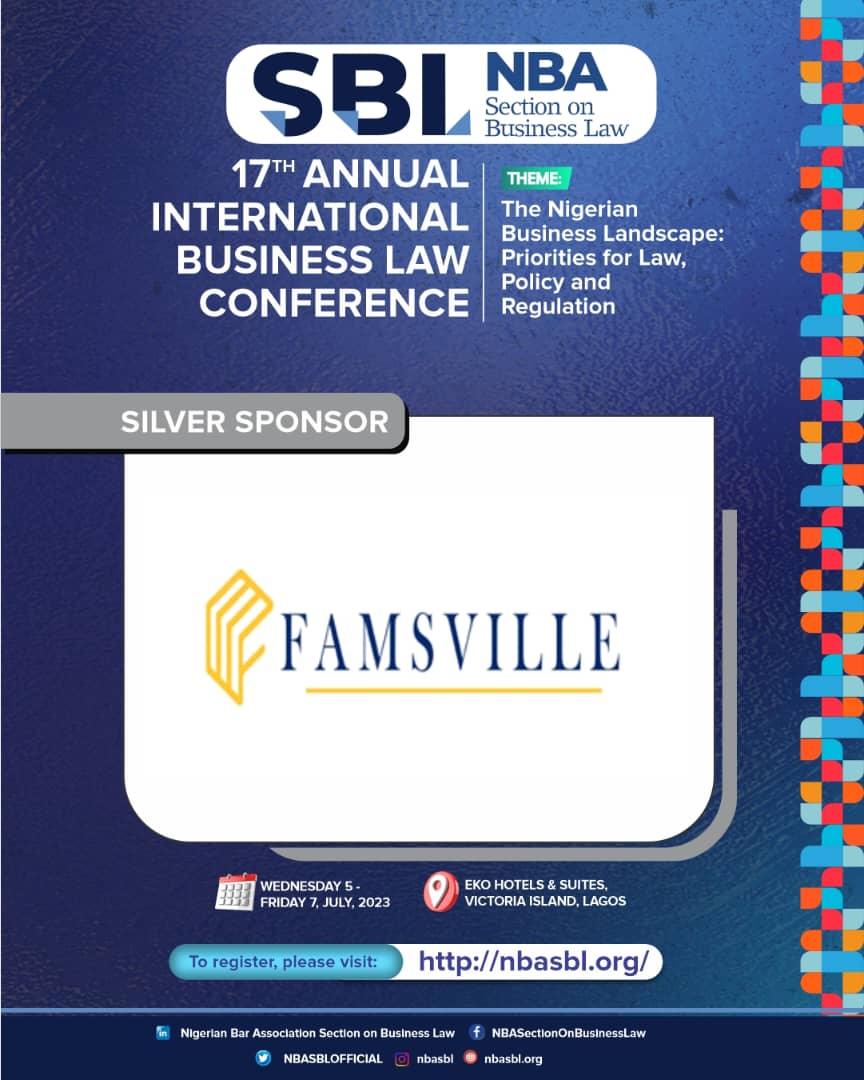 SPONSORS APPRECIATION! 🥈

To our esteemed Silver Sponsor of the 17th Annual Int'l #BusinessLaw Conference, @famsville_, we say a big thank you for always sticking by our side all through the years.

Your support is highly appreciated.🙏🏽

#NBASBL2023 #NBASBL #SBLConference2023