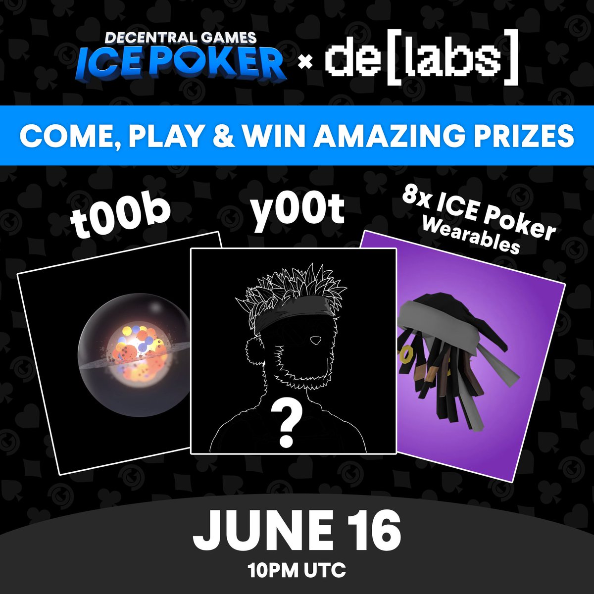 DecentralGames's tweet photo. All y00ts holders received free Monet Square ICE Poker wearables that you give 3 free tournament entries

These will be SNG tournaments which are single-table tournaments

You win badges for placing 1st or 2nd in any tournament:

• 1st = 2 badges
• 2nd = 1 badge

This event will run for 2 hours and we'll award prizes to players who have the most badges (prize details below)

After the event, you can also redeem your badges for prizes like MacBooks, iPhones, and NFTs in our prize shop