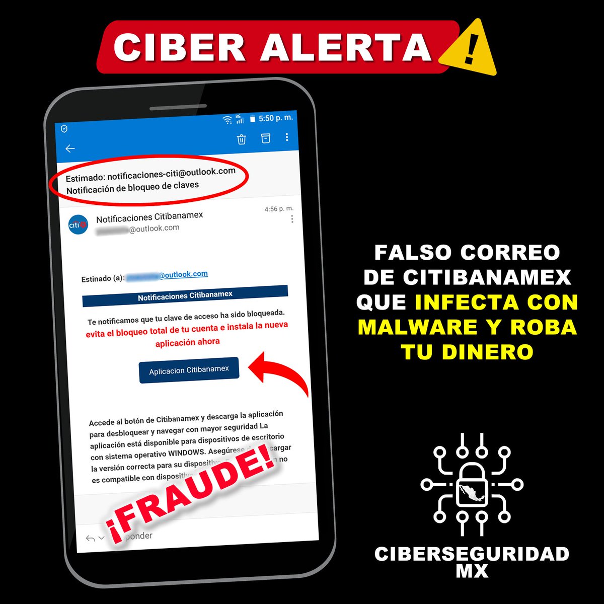 MexicoCiber's tweet photo. 🚧🚨¡CIBERALERTA!🚨🚧
Empresas reportan el robo de información y datos bancarios a través de un correo falso de #CITIBANAMEX, que infecta con un malware.
¡NO ABRAS CORREOS SOSPECHOSOS E INSTALA UN ANTIVIRUS!
#CiberseguridadMX #InternetSeguro #NoCaigas #PiensaAntesdeCompartir https://t.co/iMKefIHTcG