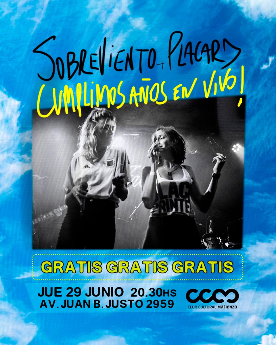 placard's tweet photo. ¿FECHÓN o qué?

G R A T I S
para que NADIE quede afuera a fin de mes y nos llevemos el lindo regalo de su voz. 
Compartí con 5 amigxs wee.

🎁 GRATIS
📅 JUE 29 JUNIO 20.30HS
🎂 @sobreviento_  y @placard 
📍 @cc_matienzo  Av. Juan B. JUSTO 2959
💋 TRAIGAN https://t.co/ulWMUnPvHM