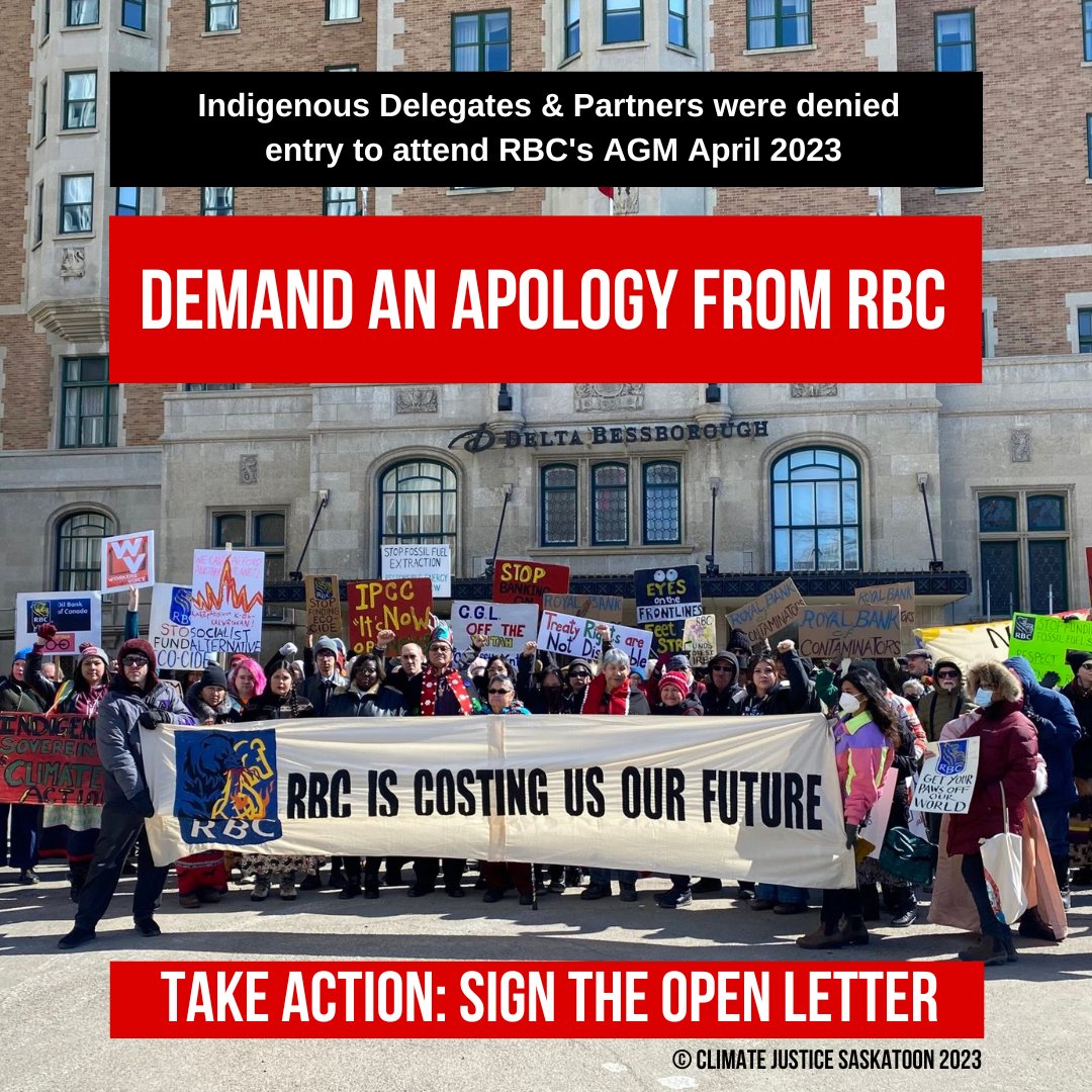 Indigenous_ca's tweet photo. BREAKING: 2000 people and 150+ organizations have signed an open letter calling out @RBC  for racially segregating Indigenous proxy holders with colour-coded passes at its April AGM in Saskatoon. SIGN NOW: https://t.co/lS5Zw4B4zB #RBCisKillingMe #RBCRevealed #RBCProfitsOverPeople https://t.co/f7twCPaaBC