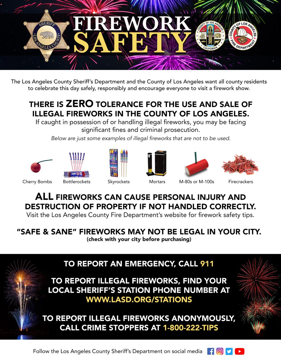 AvalonLASD's tweet photo. .@LASDHQ &amp; @CountyofLA want all county residents to celebrate the #4thofJuly safely, responsibly&amp; encourage everyone to visit a firework show. For more information, click on the link: https://t.co/pDnSJ2ohO1
#fireworksafety #CountyofLA #LASD https://t.co/DYaz67OpXx