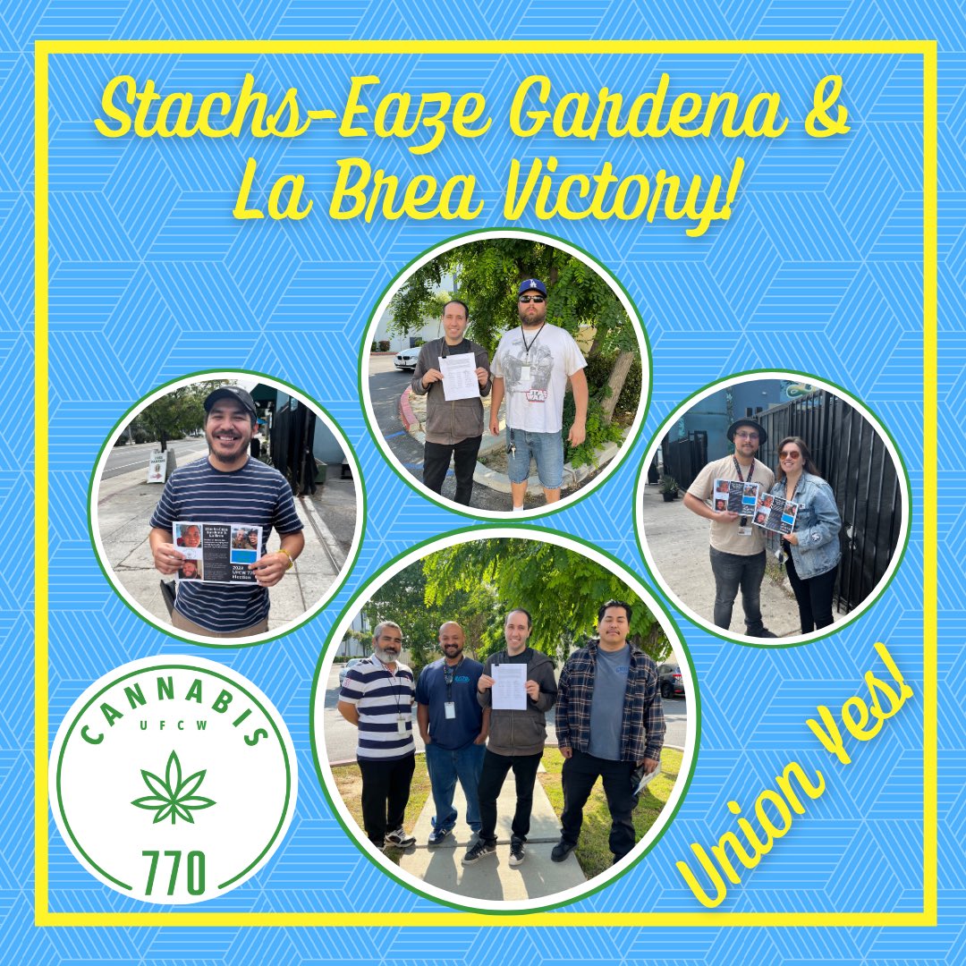 Congratulations!!!!!

Yesterday, workers at Stachs-Eaze cannabis delivery depots in Gardena and La Brea overwhelmingly voted to join UFCW Local 770!

The newly unionized units include around 100 delivery drivers and depot staff combined.

#CannabisWorkersRising
#CannabisUnion
#1u