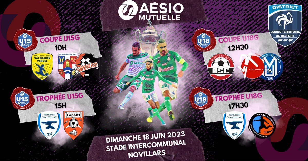 District de Football Doubs-Territoire de Belfort (@districtfootdtb) on Twitter photo | FINALES | COUPES/TROPHÉE <a href="/AesioMutuelle/">AÉSIO mutuelle</a> DU <a href="/DistrictFootDTB/">District de Football Doubs-Territoire de Belfort</a>
🗓️ DIMANCHE 18 JUIN
🏟️ STADE INTERCOMMUNAL
📍 NOVILLARS
🥪🍹BUVETTE/RESTAURATION
Nous vous attendons nombreuses et nombreux 🥳
#aesio
<a href="/LEstRepBesac/">L'Est Républicain Besançon</a> <a href="/LEstRepHtDoubs/">L'Est Républicain Pontarlier Haut-Doubs</a> <a href="/25Hebdo/">hebdo 25</a> <a href="/SoyonsSport/">Soyons Sport</a> | FINALES | COUPES/TROPHÉE <a href="/AesioMutuelle/">AÉSIO mutuelle</a> DU <a href="/DistrictFootDTB/">District de Football Doubs-Territoire de Belfort</a>
🗓️ DIMANCHE 18 JUIN
🏟️ STADE INTERCOMMUNAL
📍 NOVILLARS
🥪🍹BUVETTE/RESTAURATION
Nous vous attendons nombreuses et nombreux 🥳
#aesio
<a href="/LEstRepBesac/">L'Est Républicain Besançon</a> <a href="/LEstRepHtDoubs/">L'Est Républicain Pontarlier Haut-Doubs</a> <a href="/25Hebdo/">hebdo 25</a> <a href="/SoyonsSport/">Soyons Sport</a>