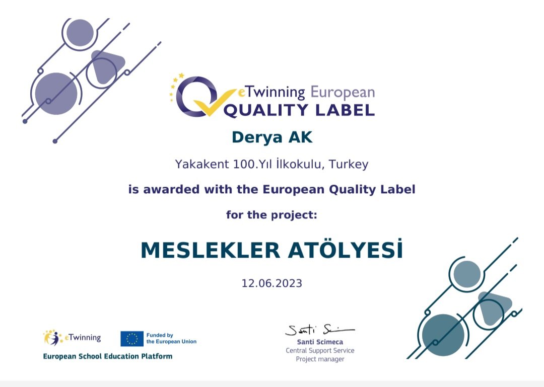 Okulumuz öğretmenleri Derya Ak ve Atiye Kavioğlu tarafından yürütülen Uluslararası eTwinning projeleri Avrupa Kalite Etiketi ile ödüllendirildi <a href="/ademsimsek55/">Adem ŞİMŞEK</a> <a href="/IlceYakakent/">Yakakent İlçe Milli Eğitim Müdürlüğü</a> <a href="/YakakentResmi/">Yakakent Kaymakamlığı</a> @Coskunturan05 <a href="/OrhanDEER1/">Orhan DEĞER</a> <a href="/KadirBo02112731/">Kadir Bozkurt</a> <a href="/samsunmem/">Samsun İl Milli Eğitim Müdürlüğü</a> <a href="/eTwinningDestek/">eTwinning Projects Dissemination</a> <a href="/atiyekavi/">Atiye</a> <a href="/drycrn/">Derya Erdoğan Ak</a>