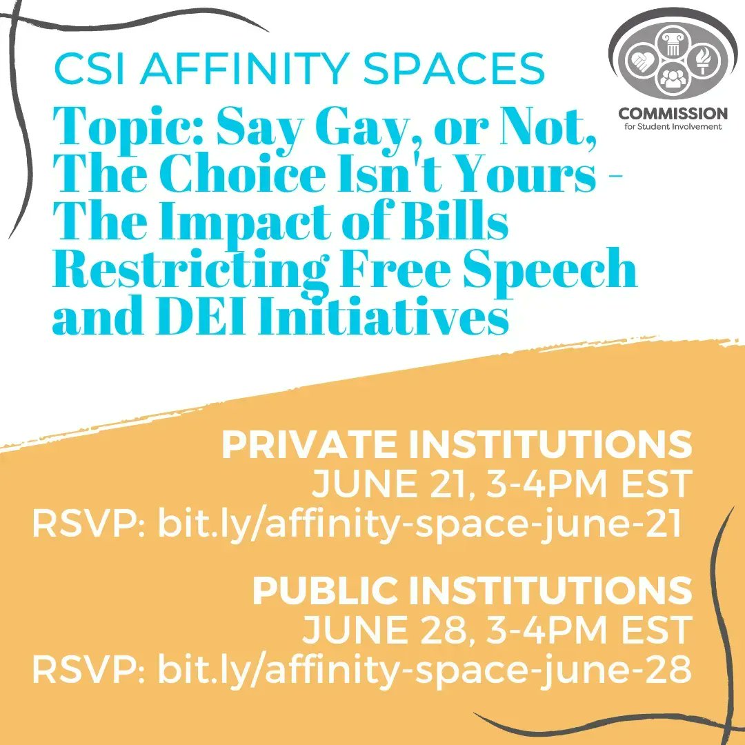 Join us for the next round of CSI Affinity Space meetings!

Private Institutions, June 21, 3-4pm EST: bit.ly/affinity-space… 
Public Institutions, June 28, 3-4pm EST: bit.ly/affinity-space…