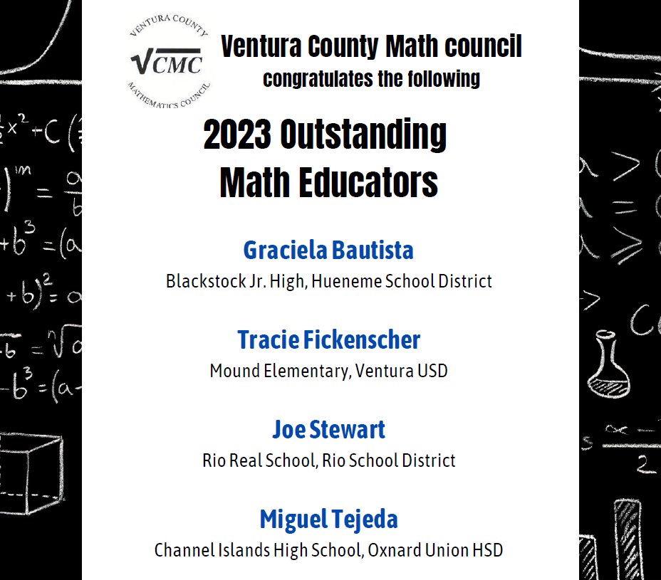 Congratulations to these Outstanding Math Educators being honored by the Ventura County Math Council! @HuenemeElemSD @SchoolVentura @RioSDLive @OxnardUnion