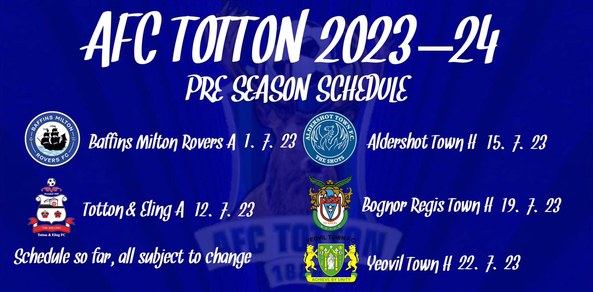 PRE-SEASON 🦌💙

Here’s how our pre-season schedule is shaping up so far! @AFCTotton @swsportsnews @BMRFC @tottonelingfc @OfficialShots @rocks1883 @YTFC 

#GoStags