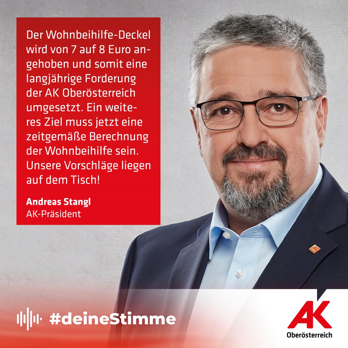 AKLinz's tweet photo. Langjährige Forderung der AK endlich umgesetzt: #Wohnbeihilfe-Deckel wird von 7 auf 8 Euro erhöht.
Weitere Schritte für leistbares Wohnen sind aber notwendig, zB #Rechtsanspruch auf Wohnbeihilfe 👉 Vorschläge der AK liegen auf dem Tisch: https://t.co/AjYOiRg9IU
📣 #deineStimme https://t.co/SDOzxON6PD