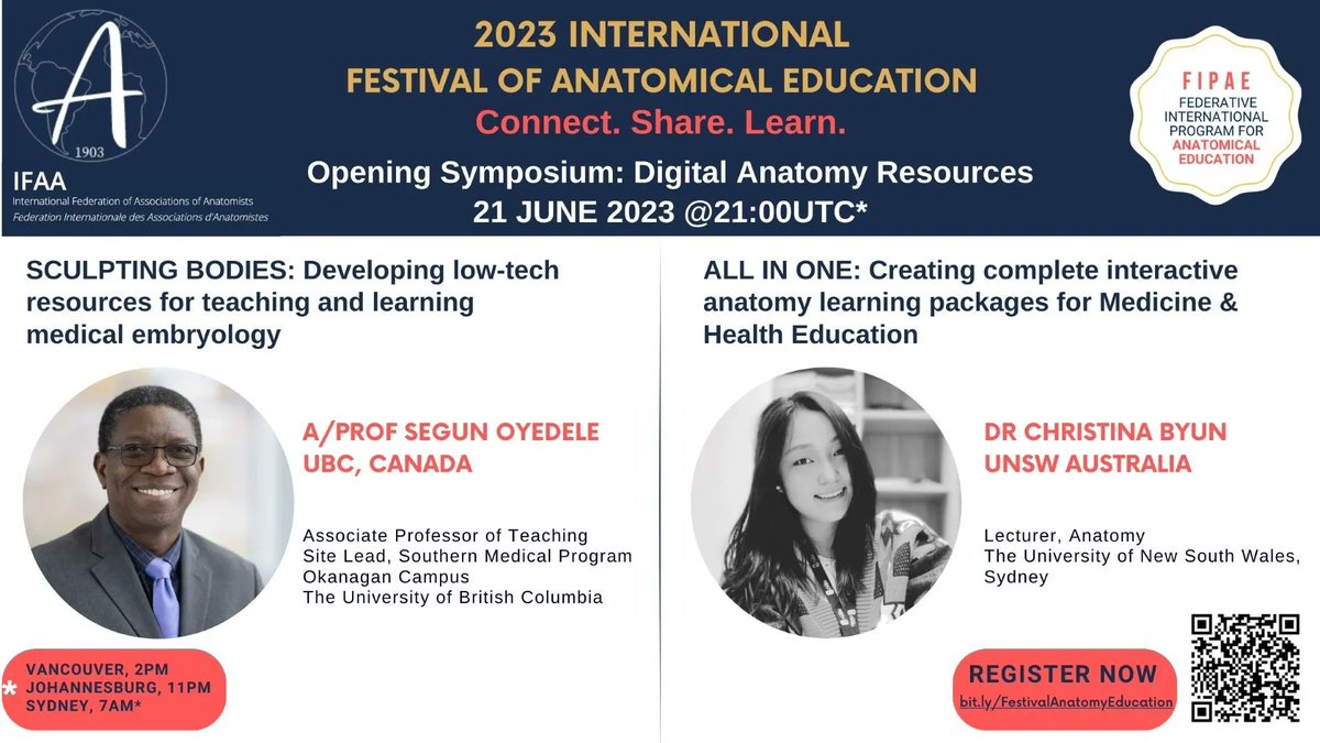 IFAA 2023 Festival of Anatomical Education - Opening Symposium: Digital Anatomy Resources. The first in a series of events on key topics impacting the future of anatomy education. 
Date: 21st June Time: 21:00 UTC
To register: buff.ly/43ZhqRH
