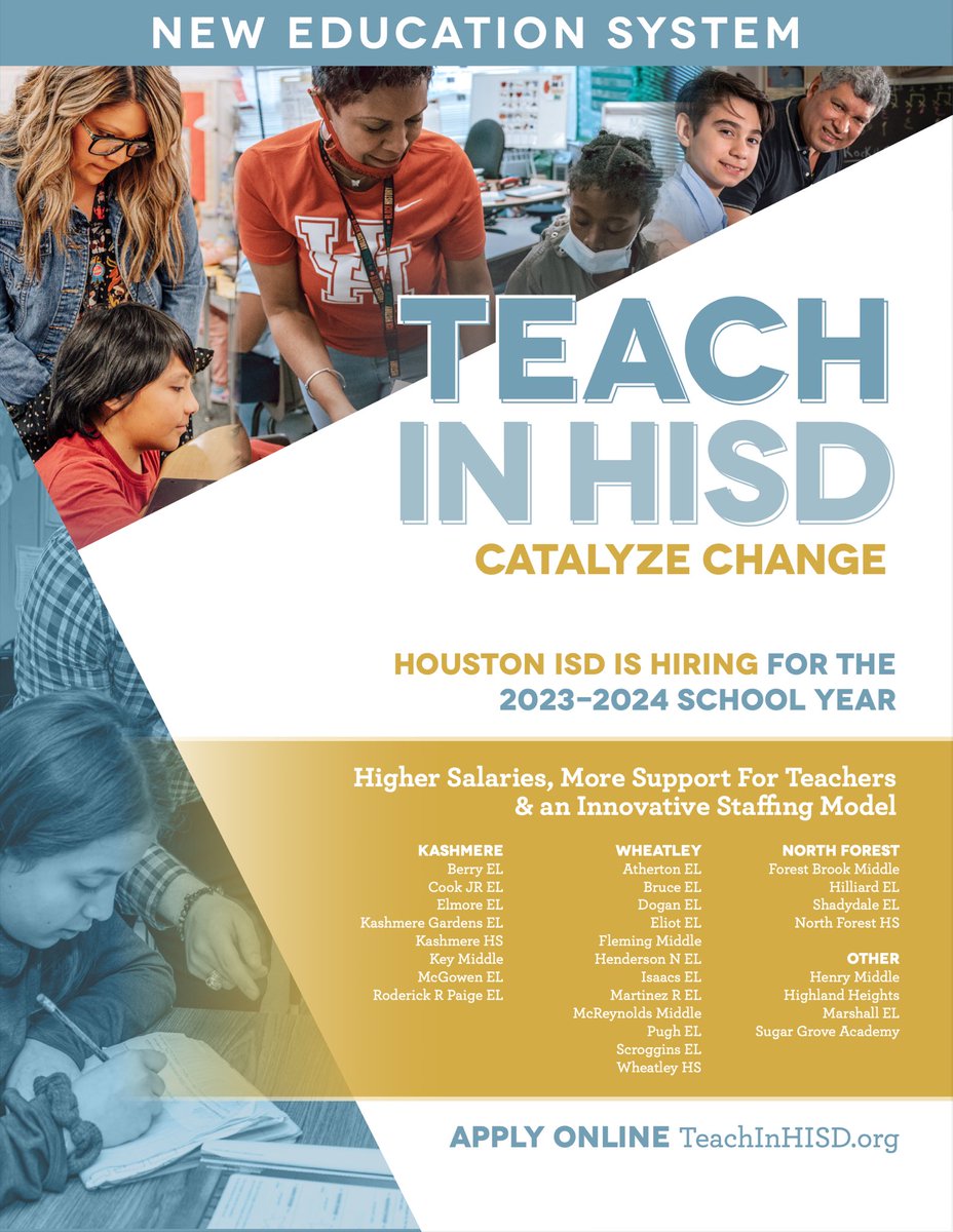 HoustonISD's tweet photo. Apply now to teach in one of our New Education Systems (NES) Schools, with the opportunity to receive:
✅ Higher salaries (Avg $85K)
✅ More support for teachers
✅ Innovative staffing model
✅ Resources for improvements on student outcomes.
Apply today. https://t.co/9MPyLDTI3R https://t.co/Z2CByHUyeK