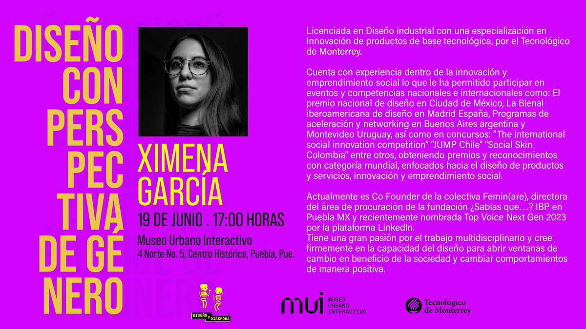 “Diseño con perspectiva de género”

Ximena García, Licenciada en Diseño Industrial cuenta con experiencia dentro de la innovación y emprendimiento social. 

🗓️ 19 de junio 
⏰ 17:00 hrs
📍 4 Norte No. 5, Centro Histórico

#diseñoconperspectivadegénero 

<a href="/disenoydiaspora/">diseñoydiáspora</a>