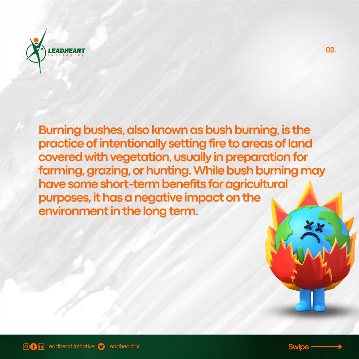 LeadheartIni's tweet photo. "When we burn the bush, we choke the lungs of our planet. It's time to let the forests breathe and thrive once again."
"The effects of bush burning are like scars etched upon the earth, a painful reminder of our reckless disregard for nature's delicate balance." https://t.co/8kZt4Q5lN7
