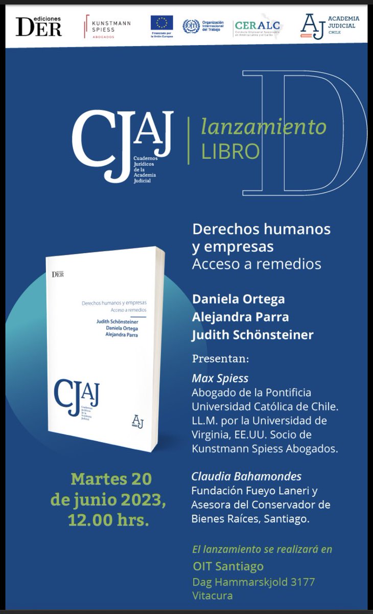 JSchonsteiner's tweet photo. Una gran alegría presentar nuestro libro DDHH y Empresas.Acceso a Remedios que publicamos con D Ortega y A Parra en @DEREdiciones! Acompáñanos el 20/6 12hrs en @OITconosur con @maxspiess y Claudia Bahamondes. Inscripciones 👇👇👇 https://t.co/8nk4uy47U9