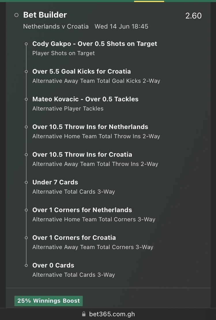 Bet365TipsGh's tweet photo. ⏳ Netherlands v Croatia

📅 Wednesday 14 June 2023

⏰ 18:45

@2.60 odds 

#BetBuilder #Bet365tipsgh #WinningBoost https://t.co/KEVMC0Y5cB